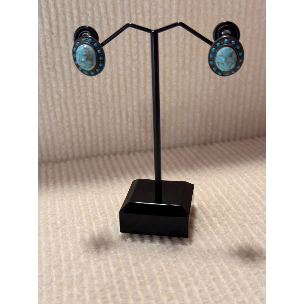 Vintage Style Faux Turquoise Oval Stud Earrings Antiqued Metal Western Boho